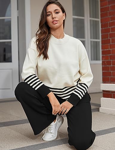 Tanming Women's Striped 2-Piece Sweater Lounge Set - Medium Black