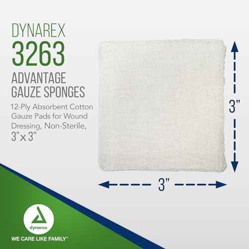 Dynarex Advantage Woven Gauze Sponges 3" x 3" - Non-Sterile 12-Ply Absorbent Cotton Gauze Pads for Wound Dressing - 200-Count Box, 20 Boxes per Bulk Case