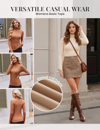 Ekouaer Women's Turtleneck Top - Winter Ribbed Long Sleeve Shirt Medium Beige