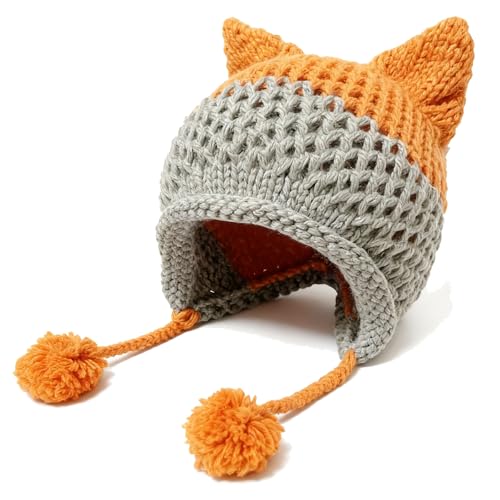 Fox Ears Beanie Hat for Adults - Warm Handmade Knitted Cap with Pom Pom, Patchwork, Orange - Variation of THIS listing