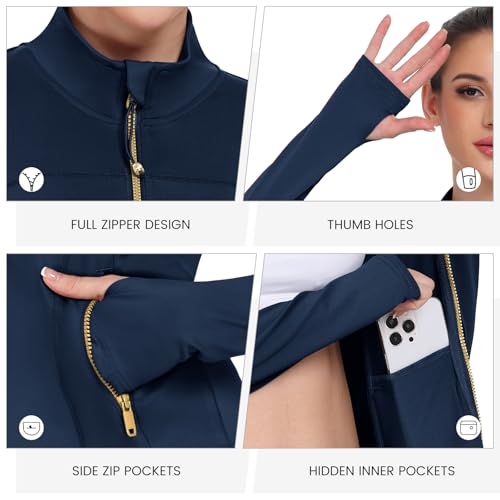 Women's Lightweight Zip Workout Jackets - Medium Dark Blue Gold Zip