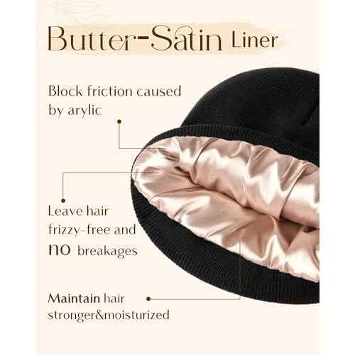 YANIBEST Satin Lined Beanie for Women Reduce Frizz Winter Hats for Women Men Silk Lining Soft Slouchy Warm Cuffed Less Static