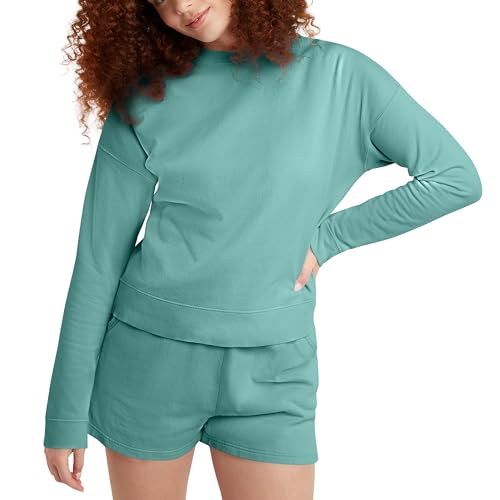 Hanes Originals Women's Fleece Sweatshirt - Medium Spanish Moss with Placed Flowers