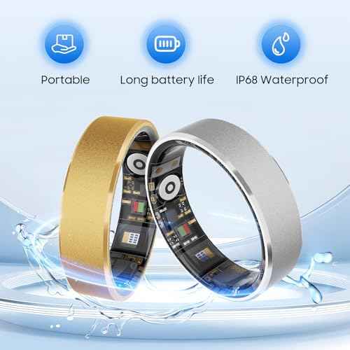 Smart Health Ring, Featuring Heart Rate, Stress and Sleep Monitoring Functions, Compatible with iPhone and Android, Waterproof Fitness Tracker for Women & Men, No Subscription Fee. (Gold, 8)