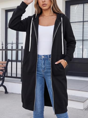 Women's Black Large Zip Up Fleece Hoodie with Pockets - Cozy Long Sweatshirt