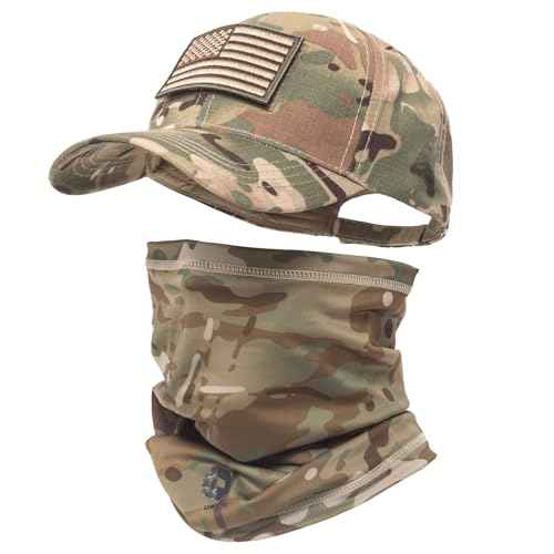 Camo Hat Baseball Cap Camo Face Mask Neck Gaiter with American Flag Patch for Men/Women Outdoors Tactical Military