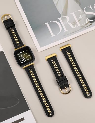 Leather Watch Band Compatible with Fitbit Versa 2 and Versa Lite - Dressy Premium Strap with Stainless Steel Chain