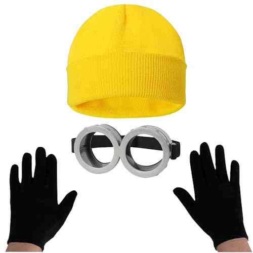 3Pcs Men's Cosplay Accessory Steampunk Goggles Glasses Punk Sunglasses Yellow Beanie Knit Hats Black Glove Halloween
