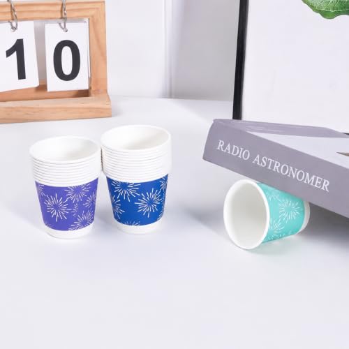 Tamone 600 Pack 3 oz Disposable Bathroom Cups - Green, Blue & Purple Fireworks Design, Small Paper Cups for Party, Travel, Home & Events