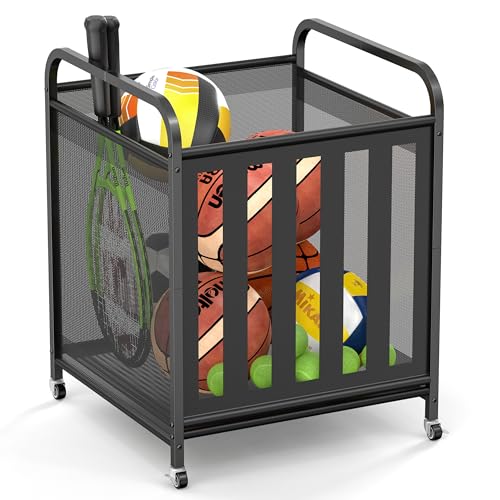 niffgaff Large Rolling Ball Storage Cart ? Metal Ball Bin with Lockable Wheels and Elastic Straps, Holds Basketballs, Soccer Balls, Toys and Sports Equipment, Indoor & Outdoor Organizer ? Black