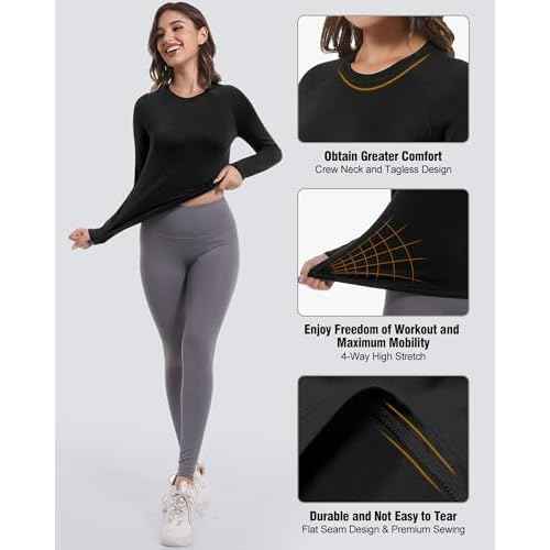 4 Pack Women's Long Sleeve Compression Shirts, Dry Fit Workout Athletic Sun Protection Cooling Tops for Yoga Running Gym