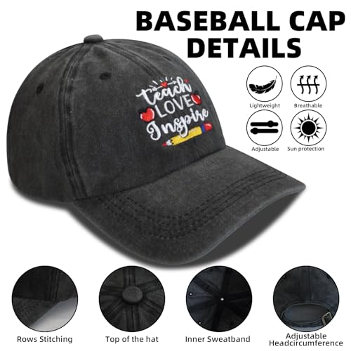 Teacher Appreciation Baseball Cap for Women Men - Black, One Size / Teach Love Inspire