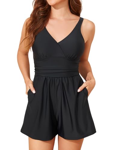 Women’s Black Swim Romper with Tummy Control V-Neck & Shorts - Large