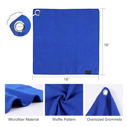 Golf Towel Set with Carabiner Clips - 3 Pack Microfiber Towels, 16x16 Inches, Black Red Blue