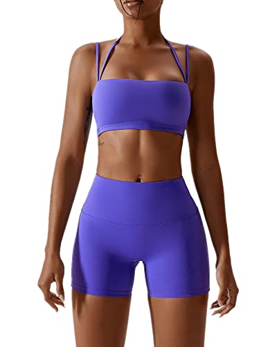 Women’s Workout Sets 2 Piece Sports Bras & High Waist Biker Shorts - Purple, Small
