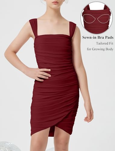 Girls Bodycon Dress with Built-In Bra - Party Formal Mini Dress, 14 Years, Wine Red