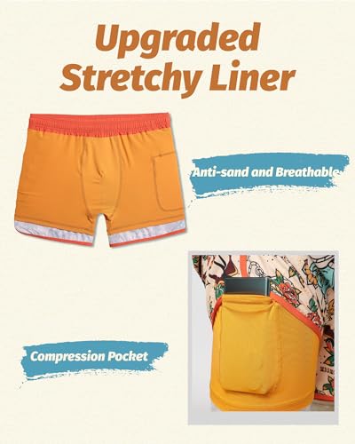 Men's Swim Trunks with Compression Liner 5 Inch Quick Dry Vintage Beachwear Large / Carnation Bird Orange