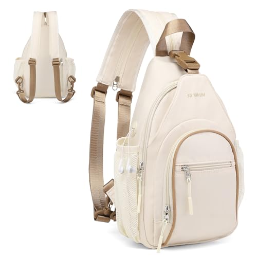 Beige Crossbody Sling Bag with Water Bottle Holder - 8.3 Inch
