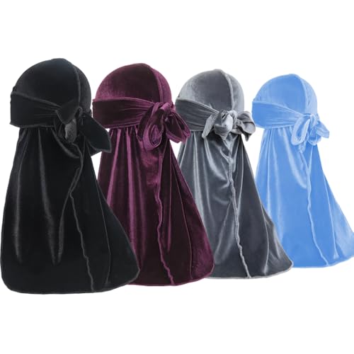 ForceWave Velvet Durags for Men & Women Pack of 4 - Black Grey Baby Blue Purple