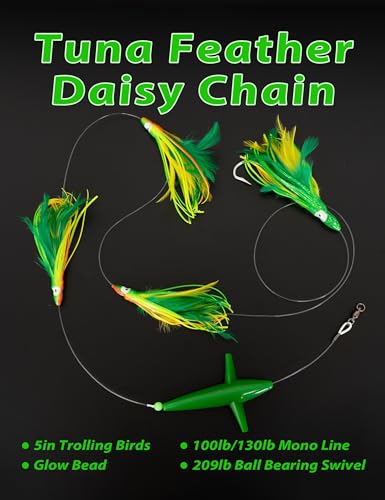 Bluewing Tuna Feather Daisy Chain Fishing Lure with 4-Inch Feathered Squids - Yellow/Green
