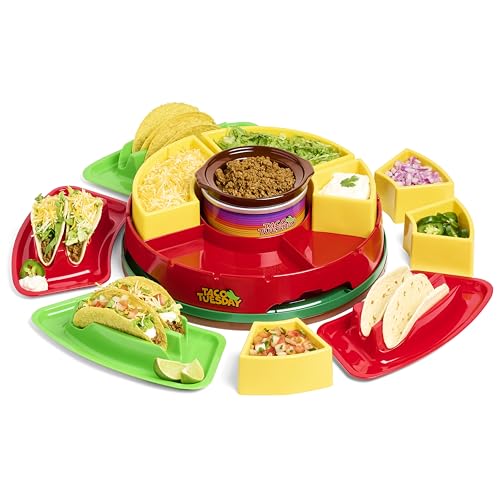 Lazy Susan Taco Bar Serving Set with 4 Tortilla Holders and Warming Pot - Red, Nostalgia Taco Tuesday