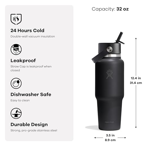 Hydro Flask 32 Oz Insulated Water Bottle with Wide Straw Lid - Leakproof, Cold for 24 Hours - Tonal Black