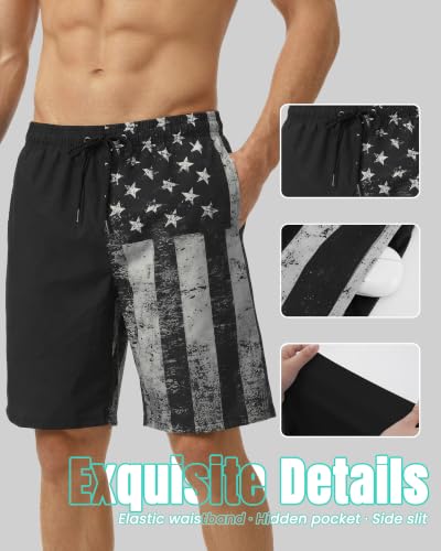 Men's 9 Inch Swim Trunks with Compression Liner & Zipper Pockets - Large Vintage Black