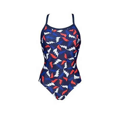 ARENA Women's Print Light Drop Back MaxLife One Piece Athletic Training Swimsuit, Lightning Colors Navy/Red, 28