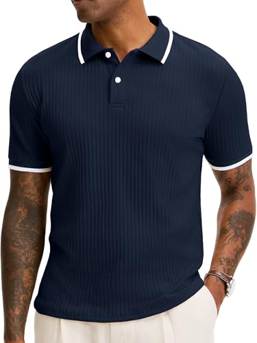Men's Regular Fit Short Sleeve Knit Polo Shirt - Large Navy Blue