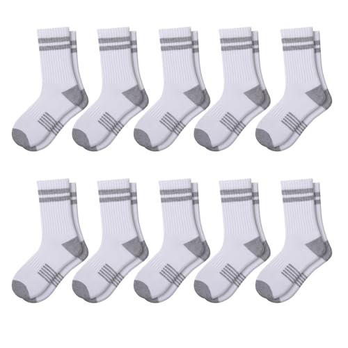 10 Pairs Boys Athletic Crew Socks 4-6 6-8 8-10 Years White - Half Cushioned