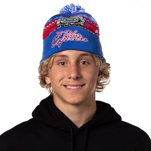 The Polar Express Beanie Men's Locomotive Fair Isle Design Embroidered Logo Fold Cuff Top Pom Beanie Hat