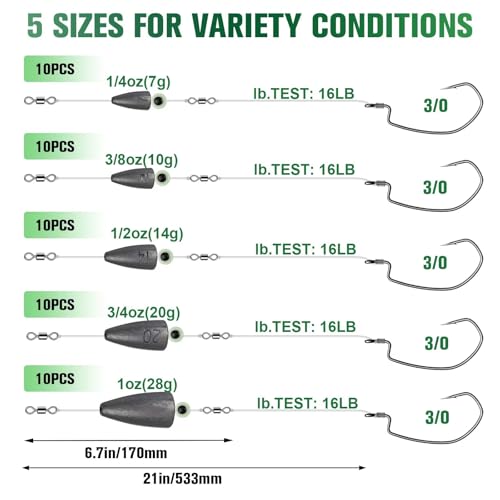 Pre-Tied Carolina Rig Kit for Bass & Catfish Fishing - Size 3/0, 10PCS