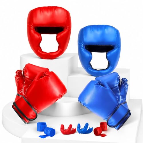 Kids Boxing Set with 2 Pairs of 6oz Gloves Headgear and Gear - Red & Blue / 6oz