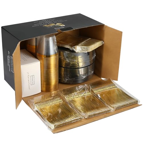 Black and Gold Dessert Plates Set with Cups, Forks, Napkins - 100 Pack - Variation: Black
