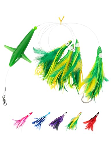 Bluewing Tuna Feather Daisy Chain Fishing Lure with 4-Inch Feathered Squids - Yellow/Green
