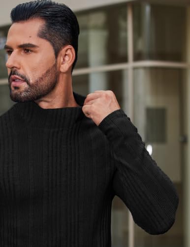 Men's Black Medium Fleece Thermal Mock Turtleneck Long Sleeve Shirt - Slim Fit