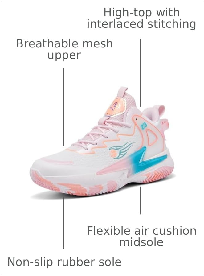 Kiusmety High Top Basketball Shoes for Women & Men, Breathable Non-Slip Outdoor Sneakers - Pink+7 Women/6 Men
