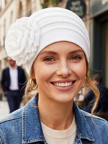 Women Turban Flower Headband Elastic Cap Pre-Tied Scarf Bonnet - Medium White