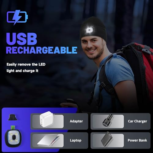 Keains Unisex Beanie with The Light £¬Rechargeable LED Headlamp Cap£¬ Warm Knit Hats for Winter Safety Gifts for Men Women Dad