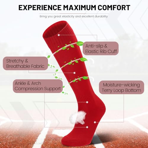Kids Youth Baseball Socks Cushioned Sports Socks for Boys Girls Large Red