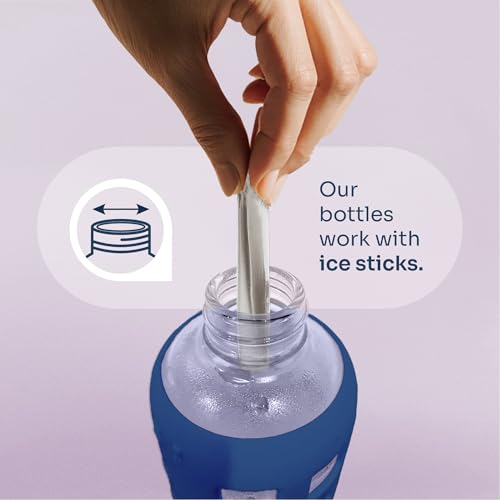 22oz Borosilicate Glass Water Bottle with Time & Volume Markers, Silicone Sleeve, Stainless Steel Lid – Chinese Porcelain Variation