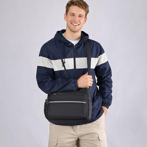 Mudono Waterproof Nylon Messenger Bag for Men - Black Multi-pocket Crossbody Travel Satchel