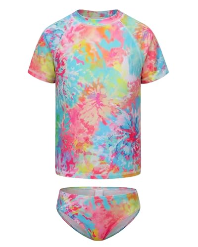 Girls Two Piece Rash Guard Swimsuit Set Short Sleeve Bathing Suit for Kids 8-10 Years Blossom Tie Dye