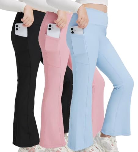 Girls Flare Leggings - Seamless Ribbed Yoga Pants with Cross High Waist, Bootcut Bell Bottoms - Black, Pink, Light Blue, 15-16 Years