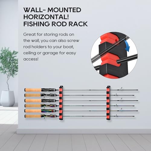 Horizontal Red Fishing Rod Holder Wall Mount for 6 Rods - Axlksia