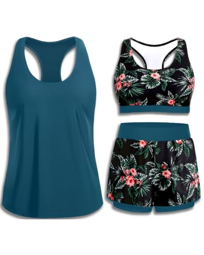 X-Large Teal and Floral 3 Piece Tankini Swimsuit Set - Athletic Bathing Suit with Boyshorts