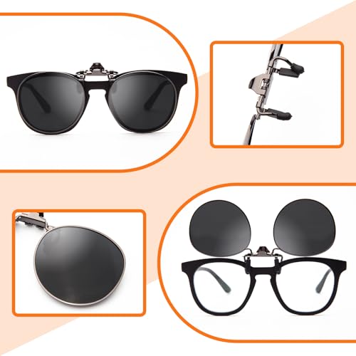 JO Polarized Clip-On Sunglasses UV400 Anti-Glare Lenses with Metal Round Frame - Black, 52mm