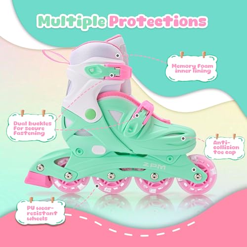 Kids Adjustable Inline Skates for Boys Girls Youth - Green Medium, 13C-2.5Y US