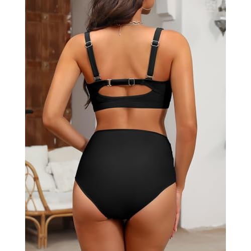 Women's Twist Front Full Coverage Swimsuit V Neck Padded High Waisted Ruched Bikini Set Two Piece Bathing Suit