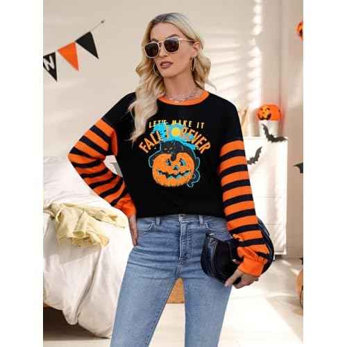 NANYUAYA Halloween Sweatshirts for Women Cute Spooky Season Pullover Long Sleeve Graphic Tops Casual Crewneck Striped Shirts